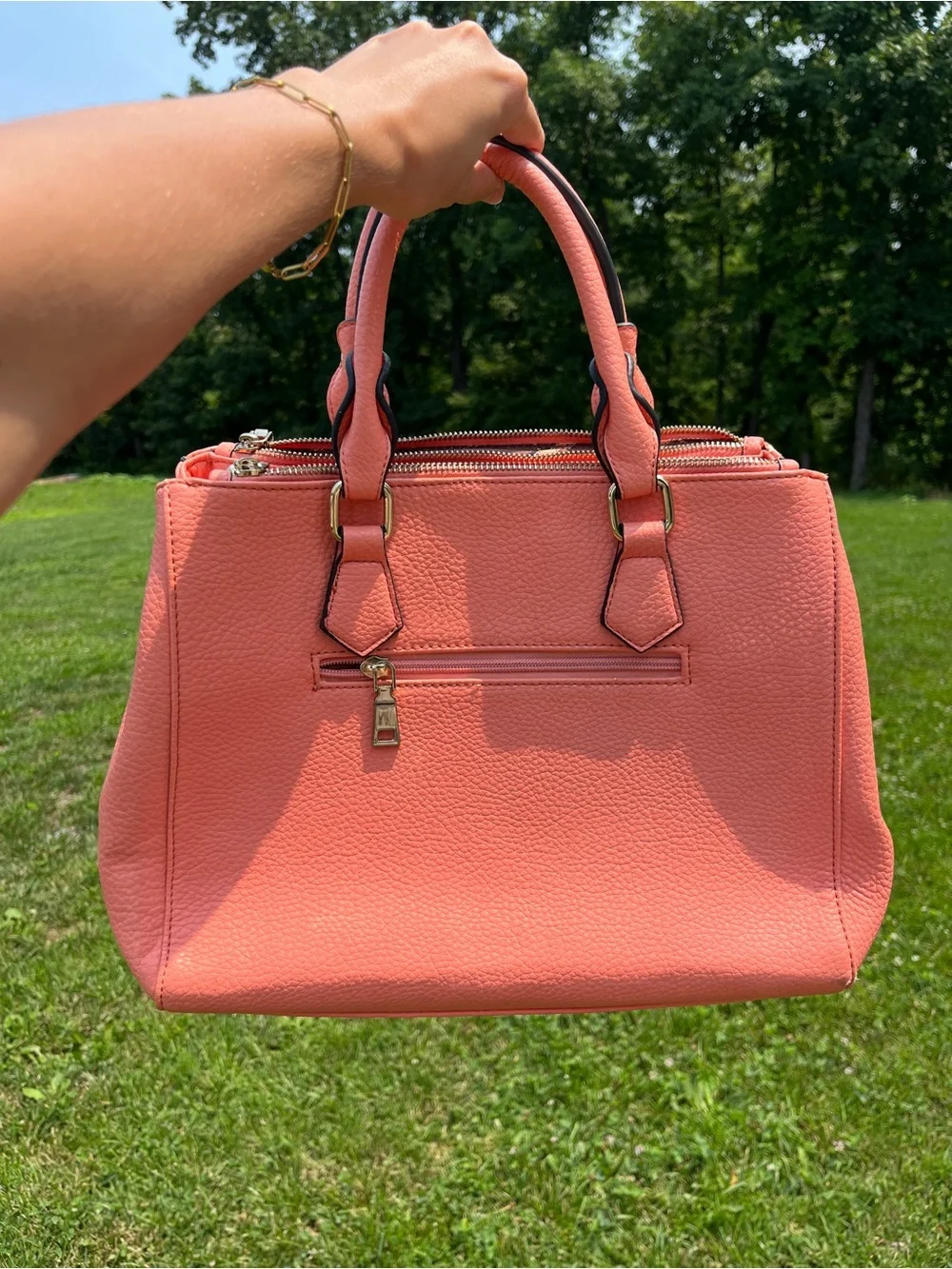 Coral Pebbled Leather Satchel Handbag with Gold Lock